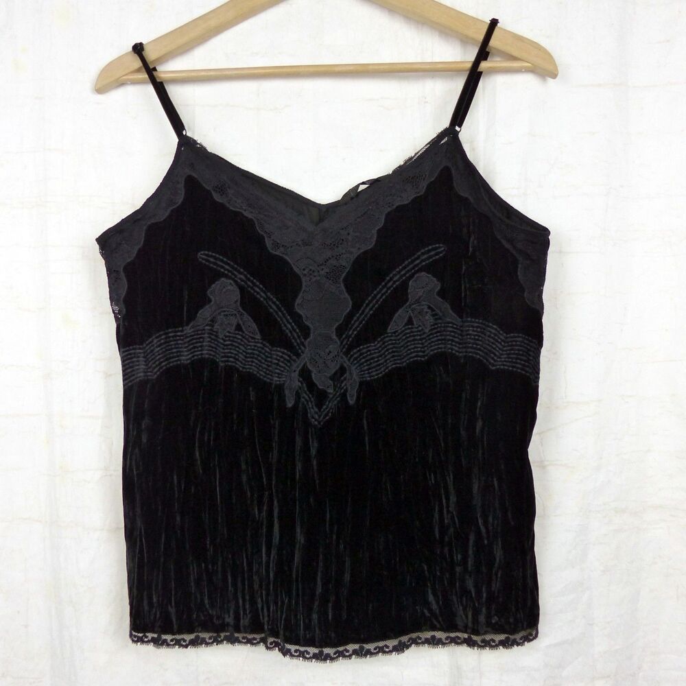Zara Black Velvet Camisole Womens L Lace Embroidered Goth Y2K Romantic Tank Top